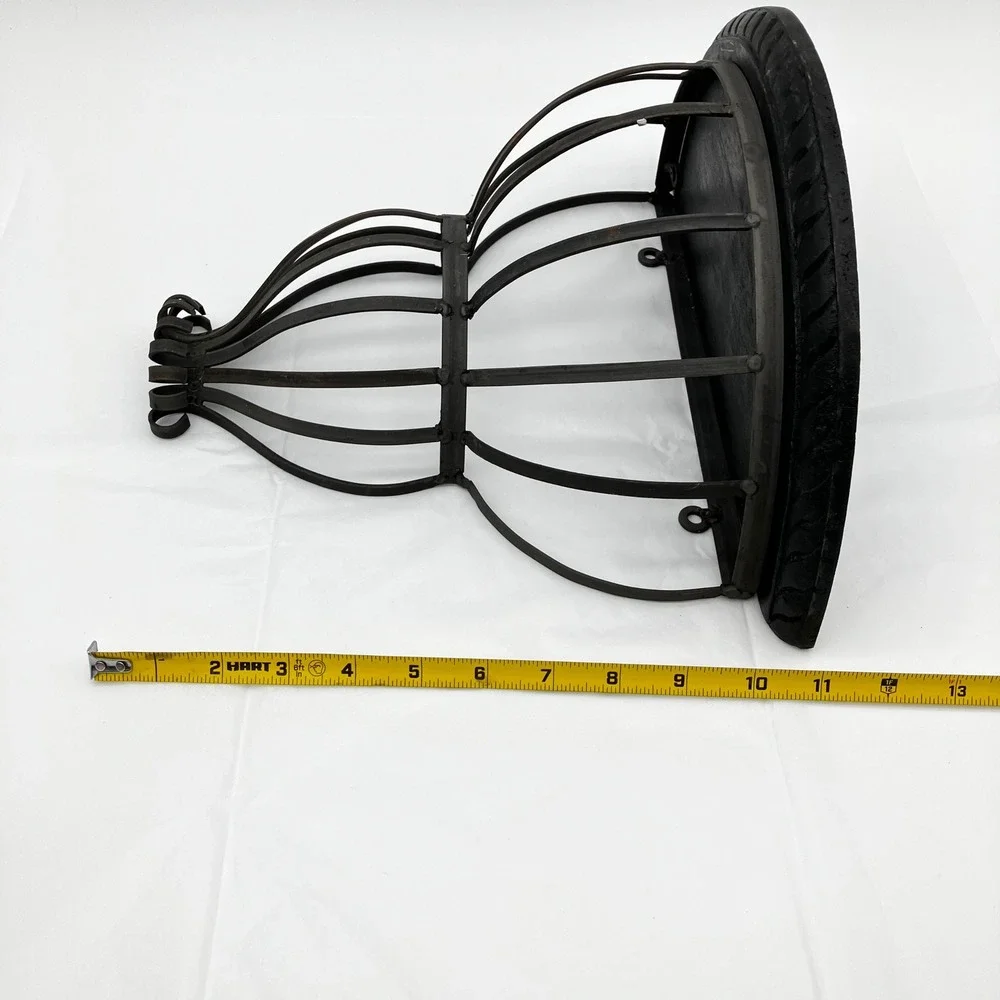 Wall Sconce Shelf 12x10 Black Wrought Iron Cage Carved Wood Top Vintage